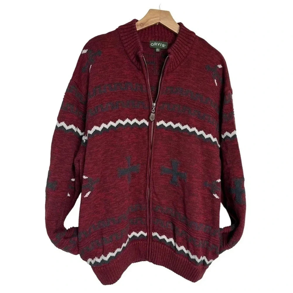 Orvis Full Zip Sweater XL Burgundy Southwestern Cotton Mock Neck Cardigan